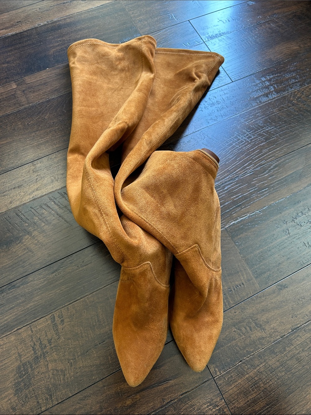 Faux Suede Knee-High Pointed Toe Boots in Camel